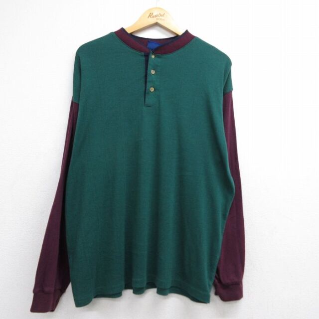 XL★古着 長袖 ビンテージ Tシャツ メンズ 00年代 00s 無地 ツートンカラー 大きいサイズ ヘンリーネック グリーン 26jul06