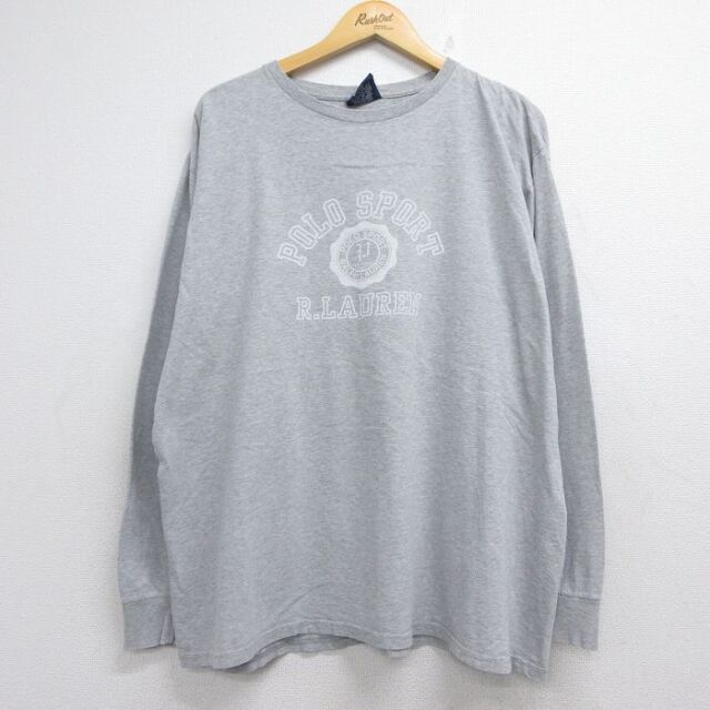 XL★古着 ラルフローレン ポロスポーツ 長袖 ブランド Tシャツ メンズ ビッグロゴ カレッジ 大きいサイズ コットン クルーネック グレー 霜降り 26jul06