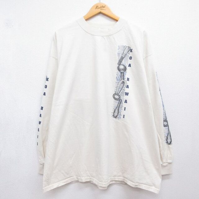 XL★古着 長袖 ビンテージ Tシャツ メンズ 00年代 00s KOA HAWAII 大きいサイズ コットン クルーネック 生成り ベージュ 26jul06