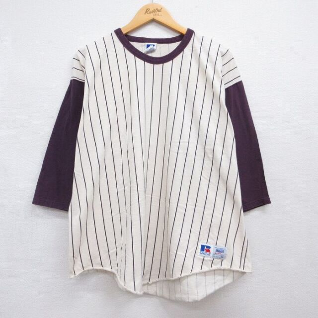 XL★古着 ラッセル 7分袖 ビンテージ Tシャツ メンズ 90年代 90s 大きいサイズ コットン クルーネック USA製 ベージュ ストライプ【spe】 26jul06