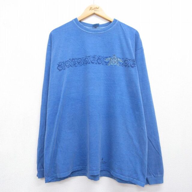XL★古着 crazy shirts 長袖 Tシャツ メンズ blue honu カメ 大きいサイズ コットン クルーネック ブルー 26jul06