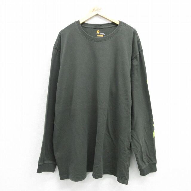 XL★古着 カーハート 長袖 Tシャツ メンズ 大きいサイズ ロング丈 コットン クルーネック カーキ【spe】 26jul07