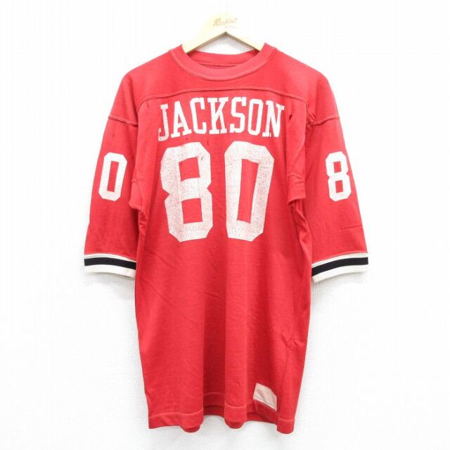 L★古着 半袖 ビンテージ フットボール Tシャツ メンズ 70年代 70s JACKSON クルーネック USA製 レッド ユニフォーム ゲームシャツ【spe】 26jul07