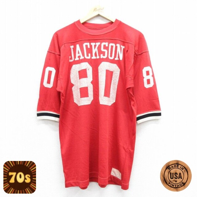 70s 半袖フットボールTシャツ JACKSONユニフォーム レッド メンズL相当 | 古着