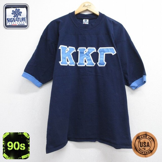 90s 半袖フットボールTシャツ ギリシャ文字 ネイビー メンズXL相当 | 古着