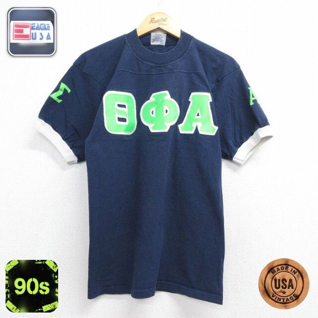 90s 半袖Tシャツ ギリシャ文字 ネイビー メンズS相当 | 古着