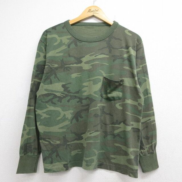 90s 長袖Tシャツ 胸ポケット付き カーキ迷彩 メンズL相当 | 古着