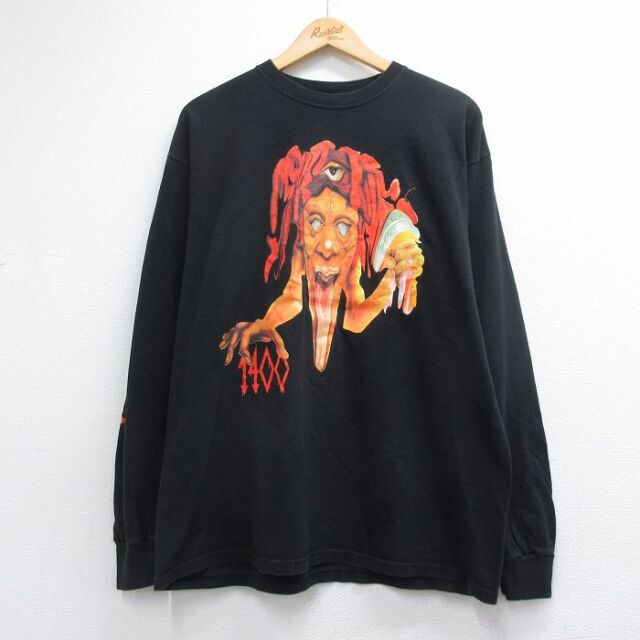XL★古着 長袖 ヒップホップ ラップ Tシャツ メンズ トリッピーレッド クルーネック ブラック【spe】 26jul08