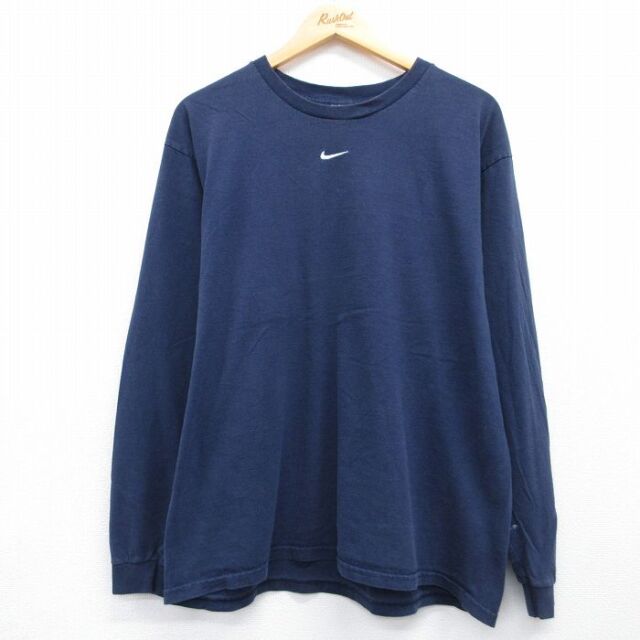 XL★古着 ナイキ NIKE 長袖 ビンテージ Tシャツ メンズ 00年代 00s ワンポイントロゴ センタースウォッシュ コットン クルーネック ネイビー【spe】 26jul10