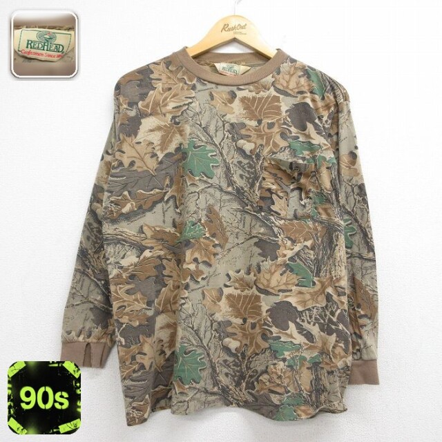 レッドヘッド 90s 長袖Tシャツ 胸ポケット付き ブラウン迷彩 メンズL相当 | 古着