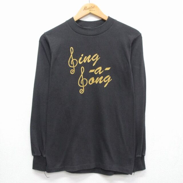 90s 長袖Tシャツ Sing a Songト音記号 ブラック メンズXS相当 | 古着