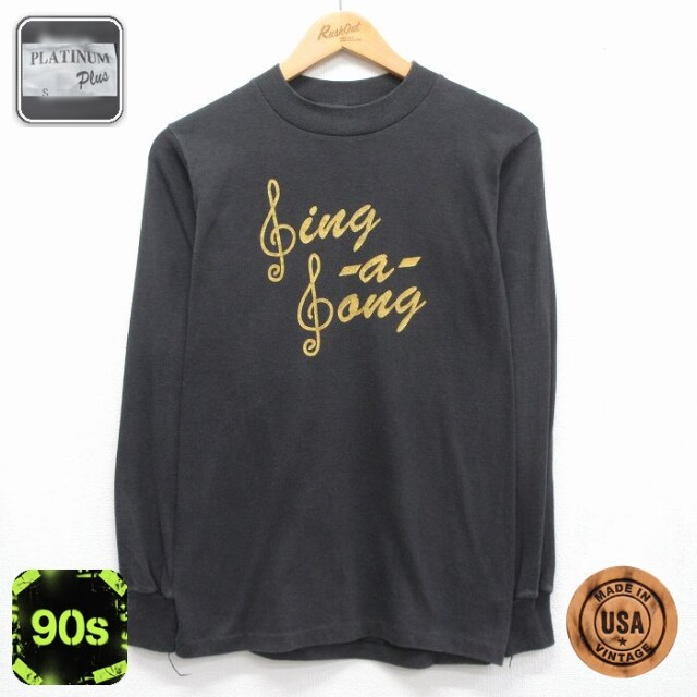 90s 長袖Tシャツ Sing a Songト音記号 ブラック メンズXS相当 | 古着