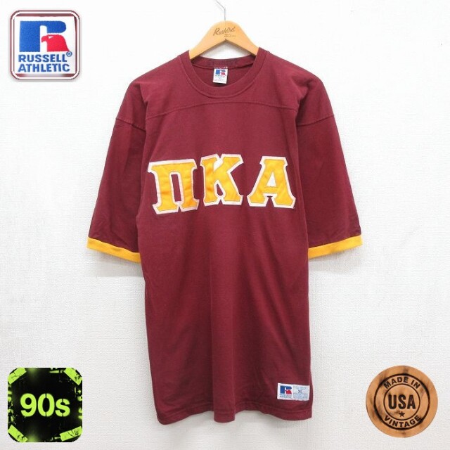 ラッセル 90s 半袖Tシャツ ギリシャ文字 バーガンディ メンズL相当 | 古着