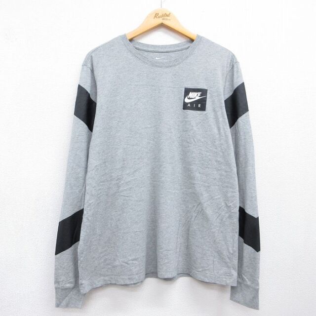 XL★古着 ナイキ NIKE 長袖 Tシャツ メンズ ワンポイントロゴ コットン クルーネック グレー 霜降り 26jul21