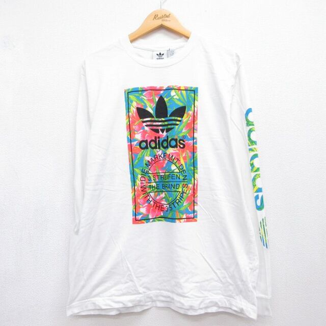L★古着 アディダス adidas 長袖 Tシャツ メンズ ビッグロゴ リーフ トレフォイル 花 コットン クルーネック ホワイト 26jul21