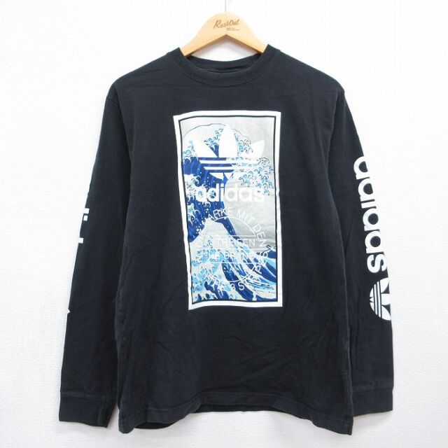 M★古着 アディダス adidas 長袖 Tシャツ メンズ ビッグロゴ 富嶽三十六景 コットン クルーネック ブラック 26jul21