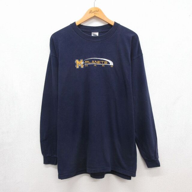 XL★古着 長袖 ビンテージ Tシャツ メンズ 00年代 00s PLANETS MARS 刺繍 大きいサイズ コットン クルーネック ネイビー 26jul21