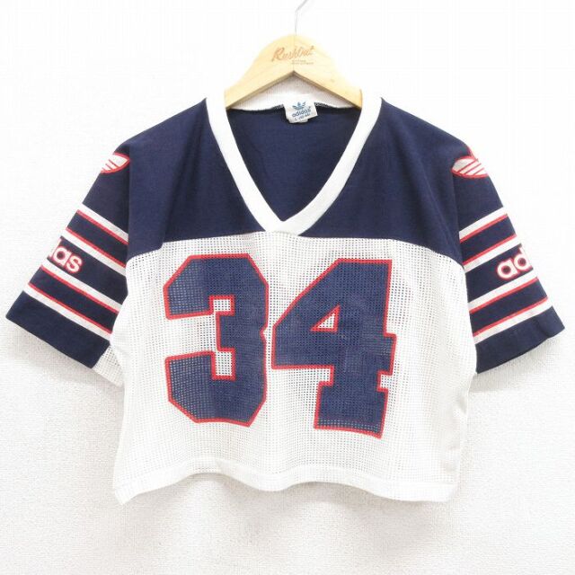 L★古着 アディダス adidas 半袖 フットボール Tシャツ メンズ 80年代 80s ショート丈 Vネック USA製 ネイビー【spe】 26jul27