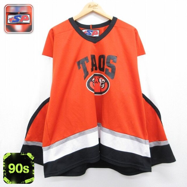 90s 長袖Tシャツ アイスホッケージャージ TAOS オレンジ メンズXL相当 | 古着