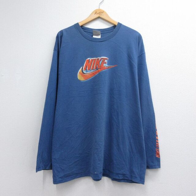 XL★古着 ナイキ NIKE 長袖 ビンテージ Tシャツ メンズ 90年代 90s ビッグロゴ 大きいサイズ コットン クルーネック USA製 ブルー【spe】 26jul31