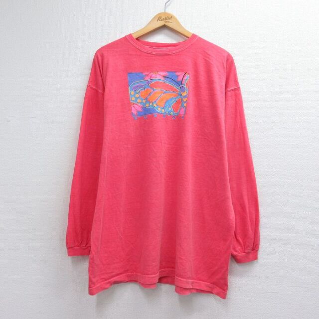 90s 長袖Tシャツ チョウ ピンク メンズXL相当 | 古着