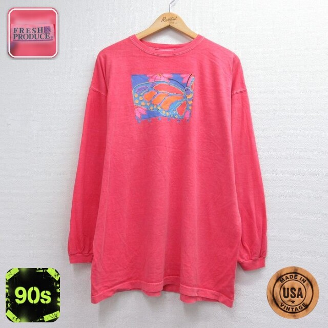 90s 長袖Tシャツ チョウ ピンク メンズXL相当 | 古着