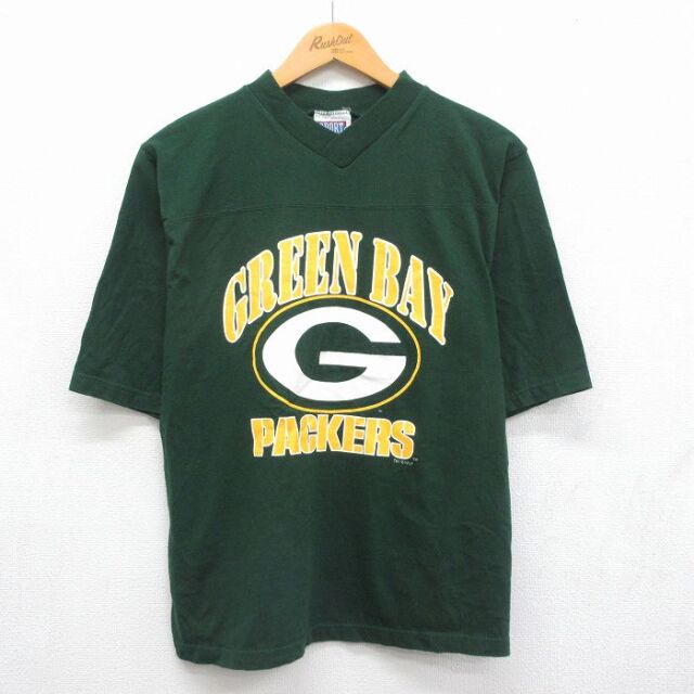 M★古着 半袖 ビンテージ フットボール Tシャツ メンズ 90年代 90s NFL グリーンベイパッカーズ ブレットファーブ 4 コットン Vネック USA製 グリーン アメフト スーパーボウル【spe】 26aug04