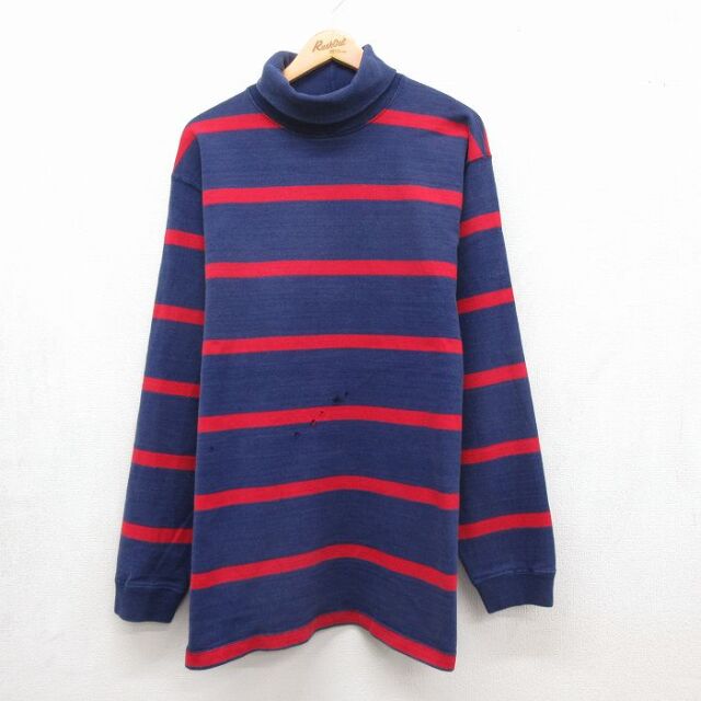 XL★古着 ラルフローレン 半袖 ブランド ビンテージ Tシャツ メンズ 90年代 90s 大きいサイズ ロング丈 コットン タートルネック ハイネック USA製 ネイビー ボーダー【spe】 26aug04