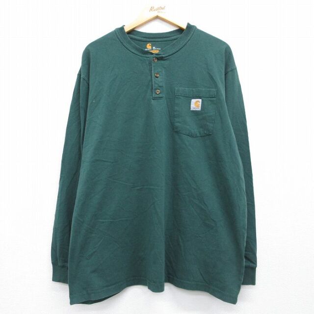 XL★古着 カーハート 長袖 Tシャツ メンズ 胸ポケット付き 大きいサイズ コットン ヘンリーネック グリーン【spe】 26aug07