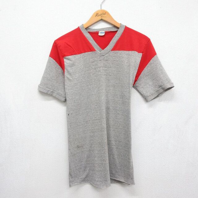 S★古着 チャンピオン champion 半袖 ビンテージ フットボール Tシャツ メンズ 70年代 70s ツートンカラー Vネック USA製 グレー 霜降り【spe】 26aug12