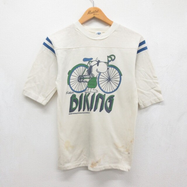 S★古着 ARTEX 半袖 Tシャツ メンズ 70年代 70s フットボール スヌーピー バイキング コットン クルーネック USA製 ベージュ【spe】 26aug19