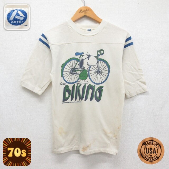 ARTEX 70s 半袖Tシャツ フットボール スヌーピー バイキング ベージュ メンズS相当 | 古着
