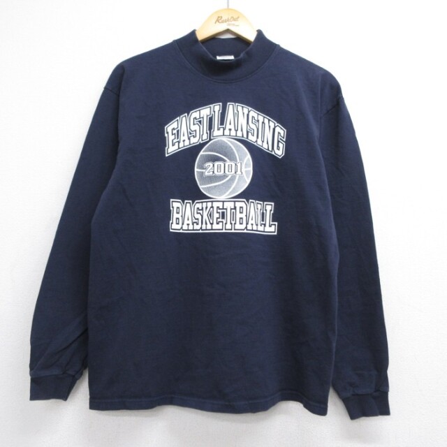 L★古着 COTTON DELUXE 長袖 Tシャツ メンズ 00年代 00s バスケットボール コットン モックネック ハイネック ネイビー 26aug24