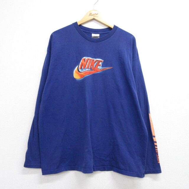 XL★古着 ナイキ NIKE 長袖 Tシャツ メンズ 00年代 00s ビッグロゴ コットン クルーネック ブルー【spe】 26aug24