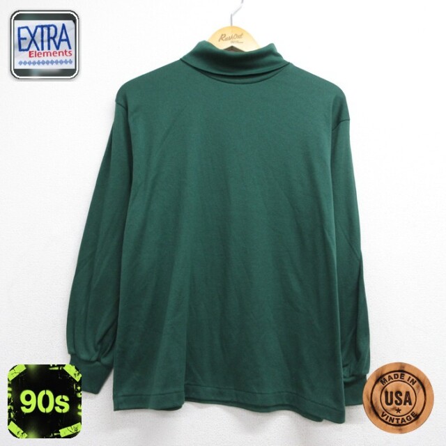 EXTRA Elements 長袖 Tシャツ 90s 無地 タートルネック ハイネック USA製 グリーン メンズL相当 | 古着