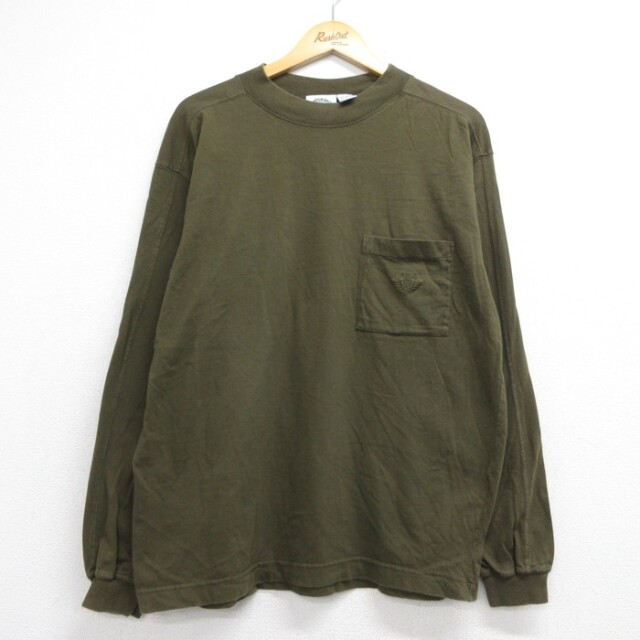 L★古着 DOCKERS ドッカーズ 長袖 Tシャツ メンズ 90年代 90s 胸ポケット付き 刺繍ロゴ コットン クルーネック カーキ【spe】 26aug24