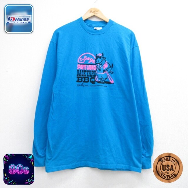 ハインズ 80s 長袖Tシャツ ウシBBQ ブルー メンズL相当 | 古着