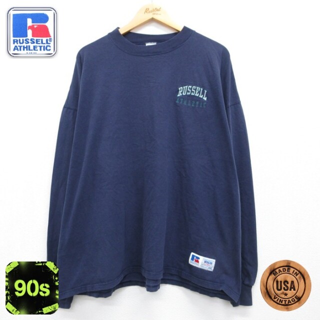 ラッセル 90s 長袖Tシャツ 刺繍ロゴ ネイビー メンズXL相当 | 古着