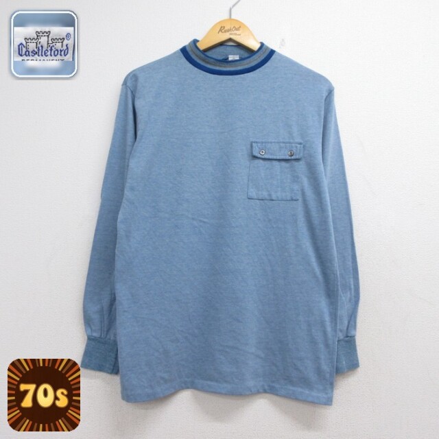 70s 長袖Tシャツ ポケット付き ブルー メンズM相当 | 古着