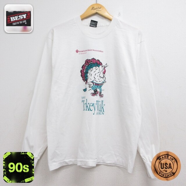 フルーツオブザルーム 90s 長袖Tシャツ アメリカンハート ホワイト メンズM相当 | 古着