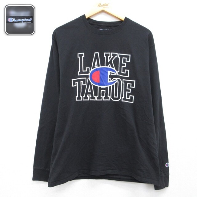 チャンピオン 長袖Tシャツ LAKEビッグロゴ ブラック メンズL相当 | 古着
