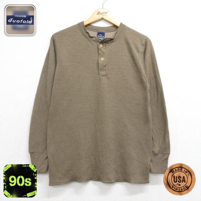 duofold 90s 長袖ヘンリーネックTシャツ カーキ メンズM相当 | 古着
