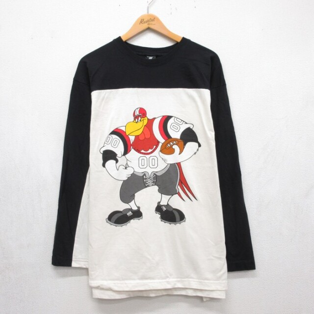 XL★古着 WB Studio 長袖 ビンテージ Tシャツ メンズ 90年代 90s ルーニーテューンズ フォグホーンレグホーン CRUSHERS フットボール コットン クルーネック USA製 ホワイト【spe】 26sep18