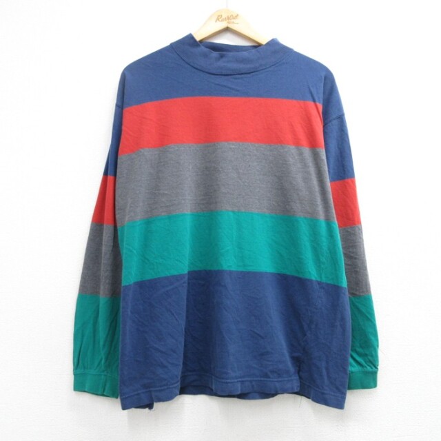 XL★古着 DOCKERS ドッカーズ 長袖 Tシャツ メンズ 90年代 90s ボーダー 刺繍ロゴ コットン モックネック ハイネック USA製 ネイビー【spe】 26sep28