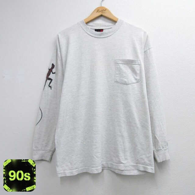長袖 ビンテージ Tシャツ トカゲ プリント 胸ポケット コットン クルーネック グレー 霜降り メンズXL相当 | 古着