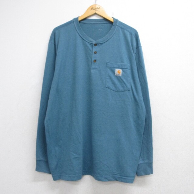 XL★古着 カーハート Carhartt 長袖 Tシャツ メンズ 胸ポケット 大きいサイズ ヘンリーネック ライトブルー 霜降り 26oct06