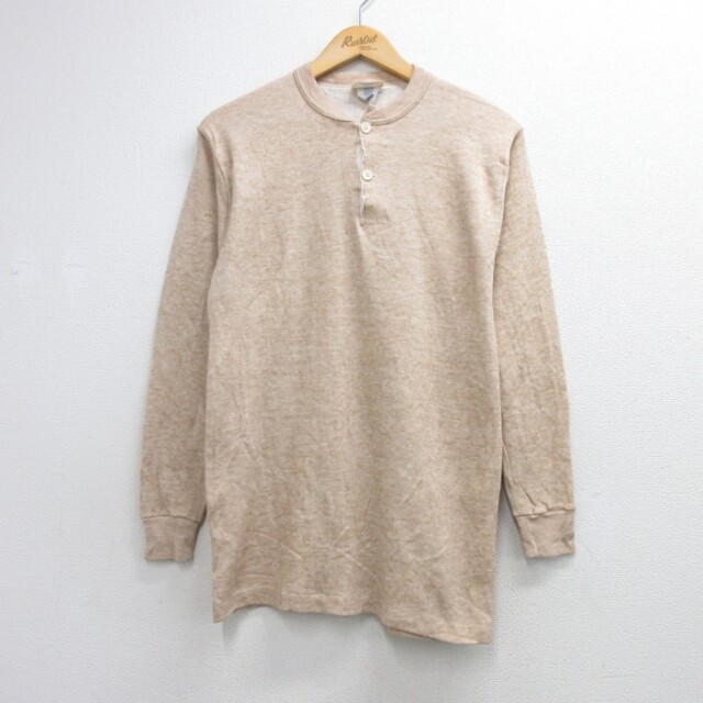 L★古着 Melton 長袖 ビンテージ Tシャツ メンズ 70年代 70s 無地 ヘビー コットン ヘンリーネック USA製 ベージュ 霜降り 26oct06