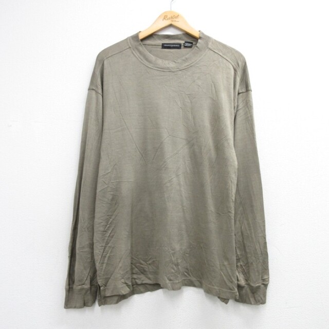 XL★古着 JHANE BARNES 長袖 Tシャツ メンズ シルク クルーネック カーキ 霜降り 26oct06