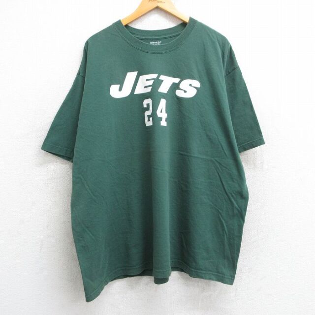 XL★古着 リーボック REEBOK 半袖 ブランド Tシャツ メンズ NFL ニューヨークジェッツ ダレルリーヴィス 24 大きいサイズ コットン クルーネック 緑 グリーン アメフト スーパーボウル 25jul01 中古