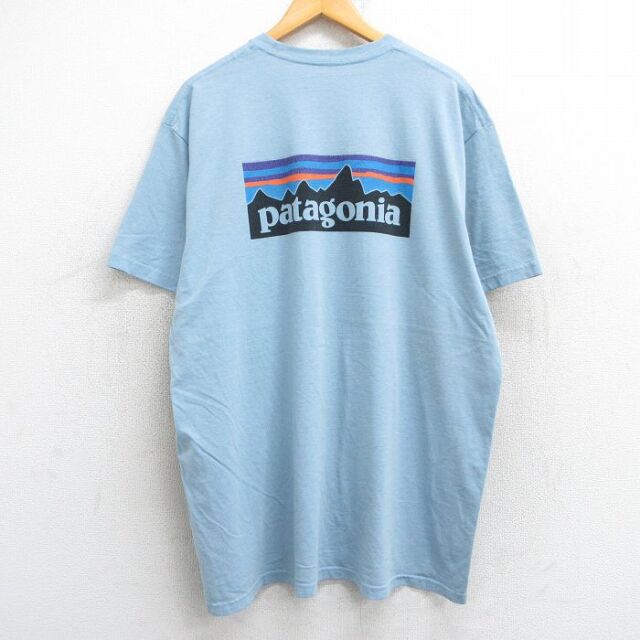 XL★古着 パタゴニア patagonia 半袖 ブランド Tシャツ メンズ ビッグロゴ 大きいサイズ ロング丈 クルーネック 水色 霜降り 25jul01 中古